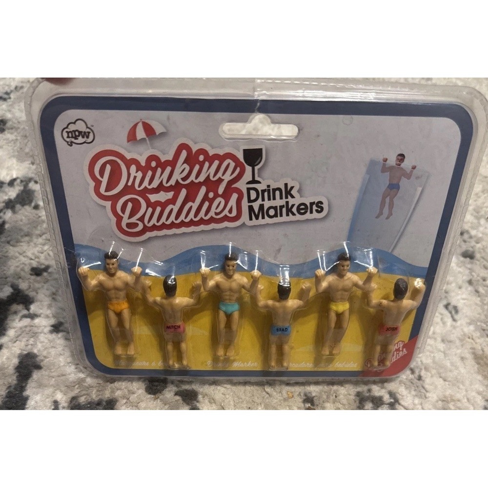 Drinking Buddies 6 Men Beach Drink Markers Party Cocktail Beer Wine Glass New
